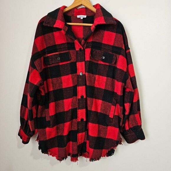EUC WHITE BIRCH RED PLAID OVERSIZED SHACKET RAW HEM SIZE LARGE - Picture 1 of 16